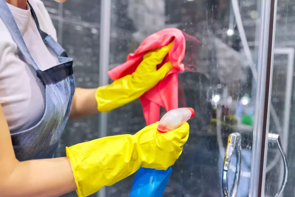 cleaning lady woman washing glass of shower cabin 2021 12 09 22 32 00 utc